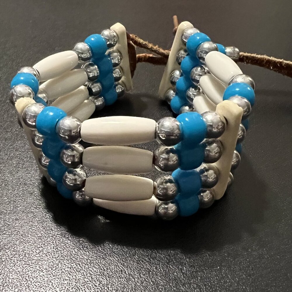 Boho Leather Beaded Bracelet - Blue, White, Silver Beads, Leather Closure